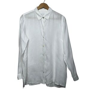 J Jill White Linen Button Down Shirt Tunic Length Long Sleeve Coastal Beach